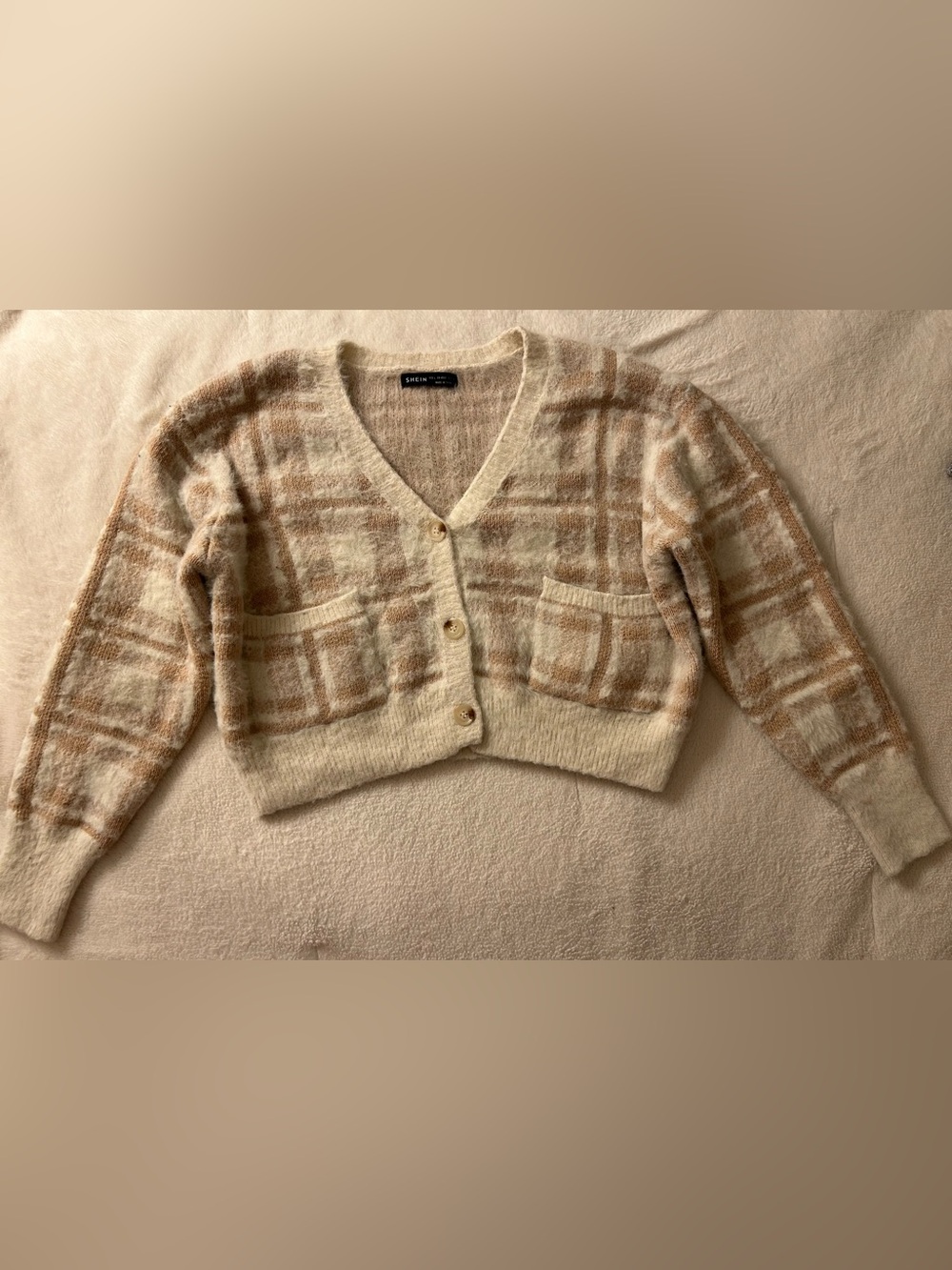SHEIN Cream & Beige Plaid Front Buttoned Cottagecore Cropped Cardigan Sz L